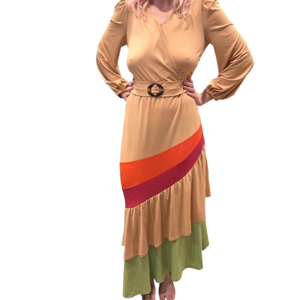 Nanette Lepore Beige Midi Dress S Belted Waist Tiered Ruffle Boho Career Artsy